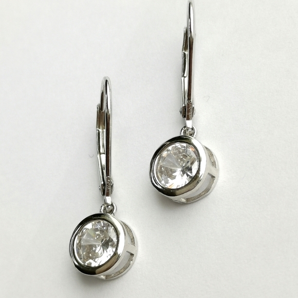Sterling Silver CZ Dangle Lever Back Earrings - Picture 2 of 8